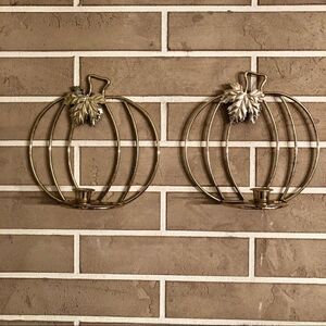 Vintage Pumpkin Wall Hanging Candlestick Holders in Gold Lot of 2